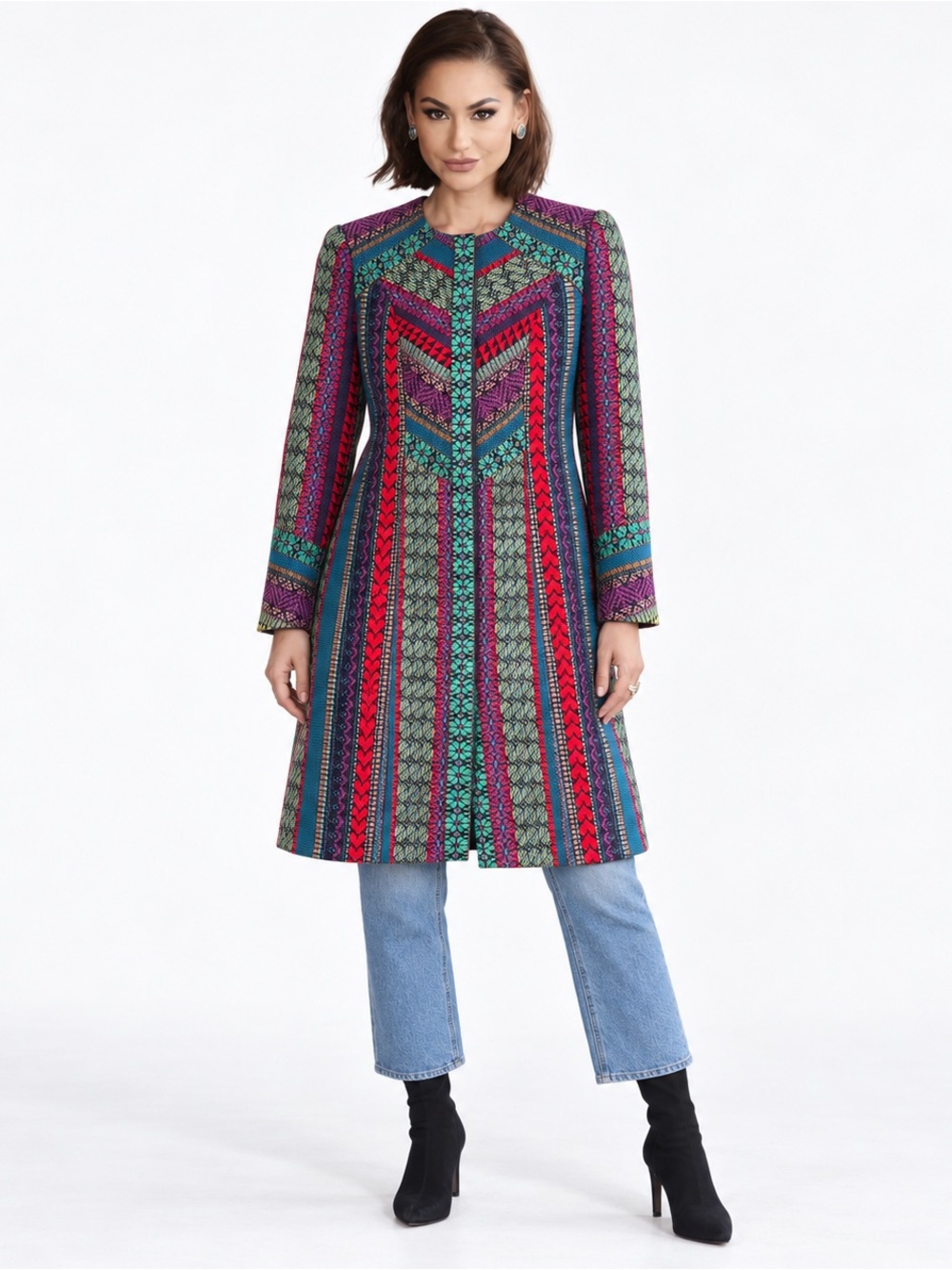 IIANA Dora Multicolour Jacquard Midi Coat Size Medium Made in Romania